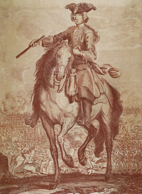 Portrait of Prince Charles Edward Stuart on horse, with soldiers in kilts in battle with uniformed soldiers in background.