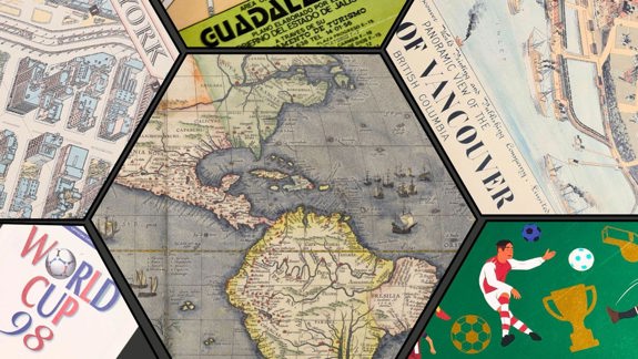 A selection of maps and Football World Cup posters.