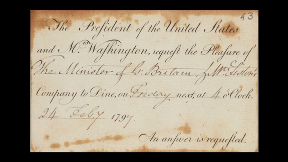 An invitation to dinner from George Washington to Robert Liston and his wife Henrietta.