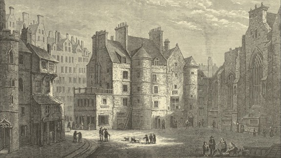 Engraving of Edinburgh with tall, narrow buildings and a large Gothic-style church on the right. People, animals, and carts populate the cobbled square.