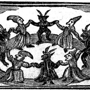 Black and white wood cutting of witches dancing with creatures with horns in a circle.