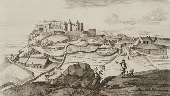 17th-century engraving of a hilltop castle above walled fields and cottages, with a figure and dog in the foreground pointing toward the settlement.
