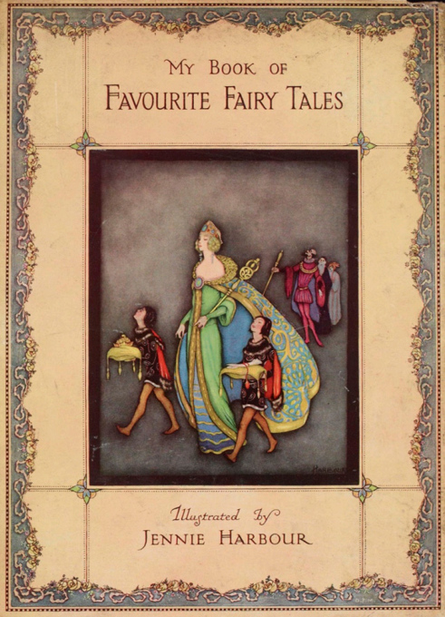 Fairy tale book cover with regal figure in green and attendants.