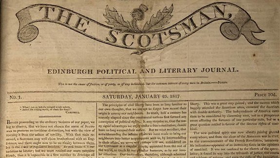 Front page of 'The Scotsman' dated January 23, 1817. The page is densely filled with text in columns, reflecting early 19th-century newspaper design.