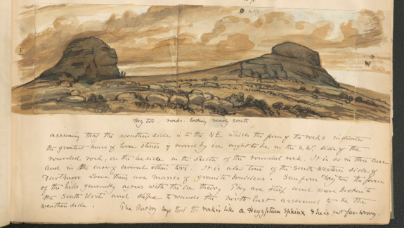 A watercolour of some rocky hills and handwriting underneath about the geology.