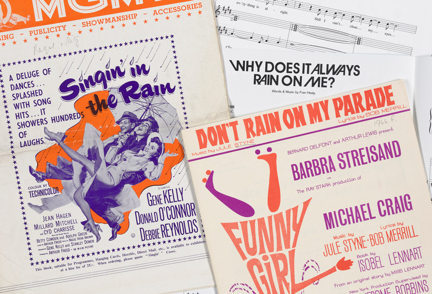 A collage of rain-themed songs including 'Singin' in the Rain' and 'Don't Rain on my Parade'.