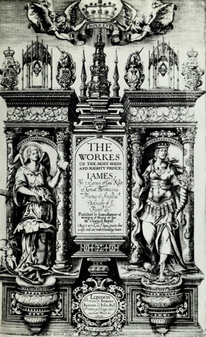 Engraved 1616 title page for the collected works of King James, flanked by statuesque figures and topped with cherubs holding a crown.