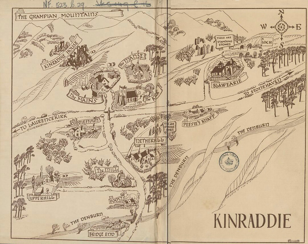 A detailed, hand-drawn map of Kinraddie, featuring various landmarks and locations such as The Grampian Mountains, Kinraddie House, The Mains, and others. The map includes roads leading to Laurencekirk and Stonehaven. There is a compass rose indicating directions (N, E, S, W) and a note about standing stones near Blawearie. The Denburn river is also depicted flowing through the area.