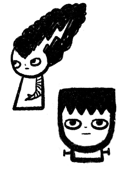 Black illustration of a simplified Frankestein's monster and the Bride of Frankenstein.