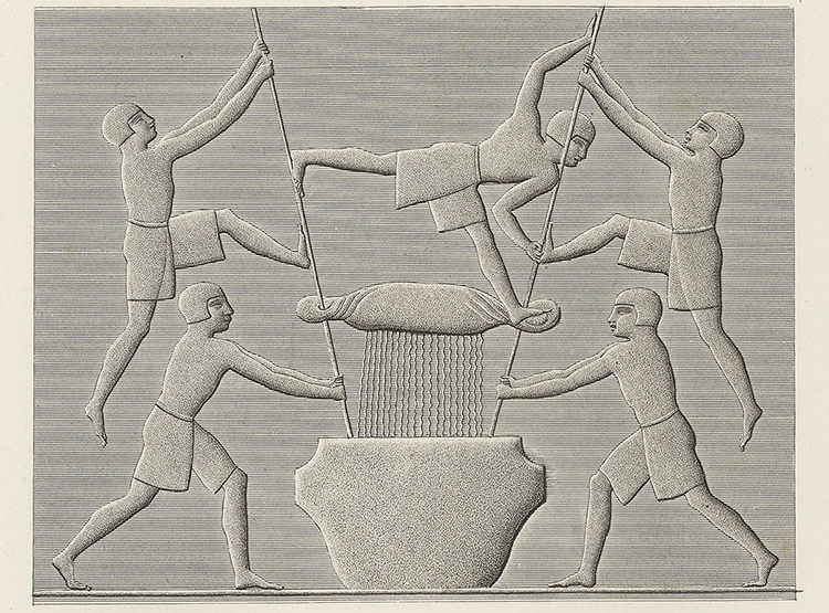 Engraved relief showing five human figures using long poles around a large vessel, with one figure balancing horizontally above the container.