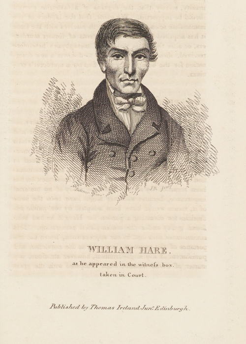 A portrait of William Hare subtitled "as he appeared in the witness box, taken in court".