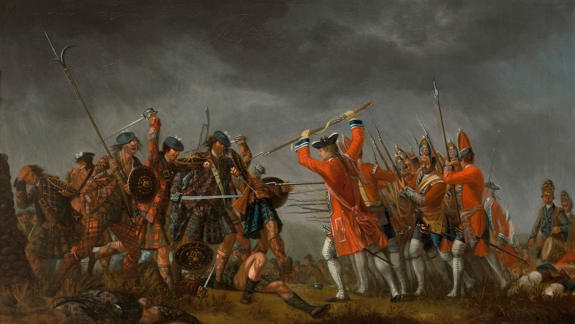 Painting of the Battle of Culloden showing Highland soldiers in tartan kilts clashing with British redcoat infantry on a chaotic, stormy battlefield.
