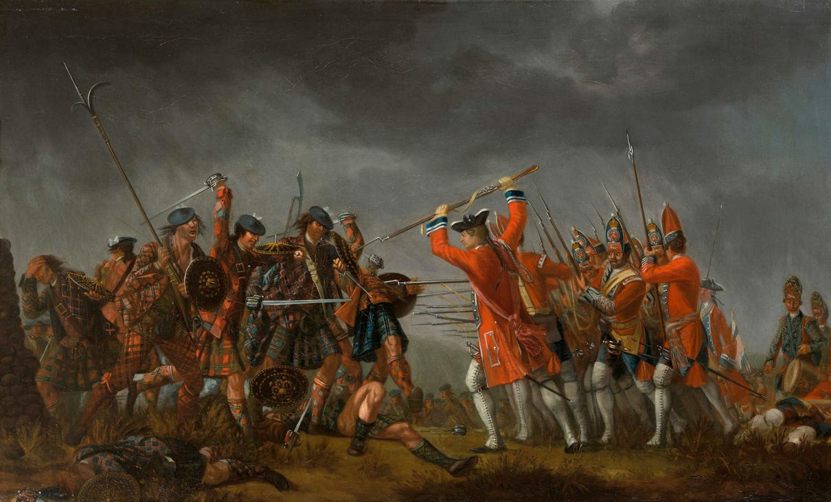 Painting of the Battle of Culloden showing Highland soldiers in tartan kilts clashing with British redcoat infantry on a chaotic, stormy battlefield.