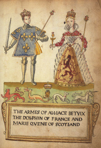 Colour illustration of Mary in a gown with a red lion rampant motif next to her new husband. Both are holding staffs, Mary has a thistle.