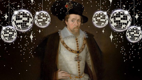 Portrait of James IV against a dark background with glitterballs and sparkles superimposed.