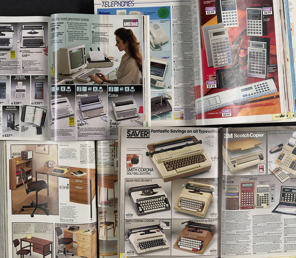 Spread of vintage shopping catalogues showing office furniture and technology like typewriters and chunky calculators.