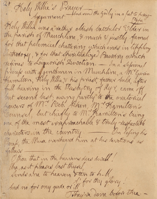 Handwritten text by Robert Burns explain who Holy Willie was.