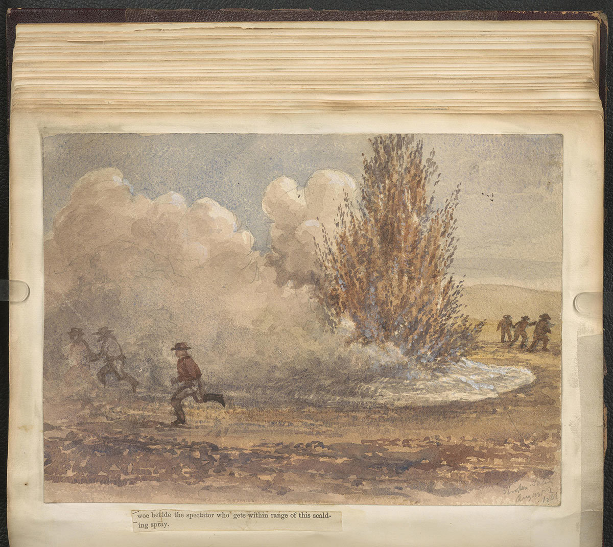 Watercolour of people running away from an erupting geyser in Iceland.