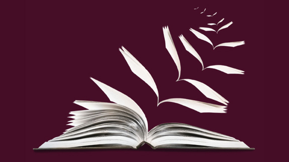An open book with its pages flying up.