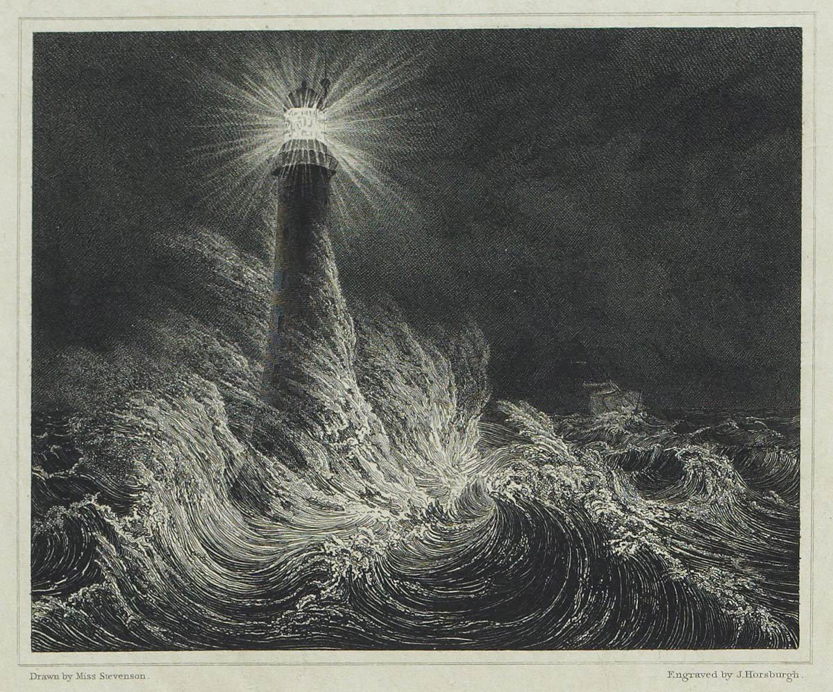 Engraving of a lighthouse shining brightly amid dark stormy seas with large crashing waves.