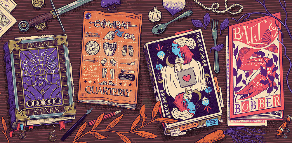Illustrated tabletop scene showing stylised books, tools, and objects inspired by videogame skill books.