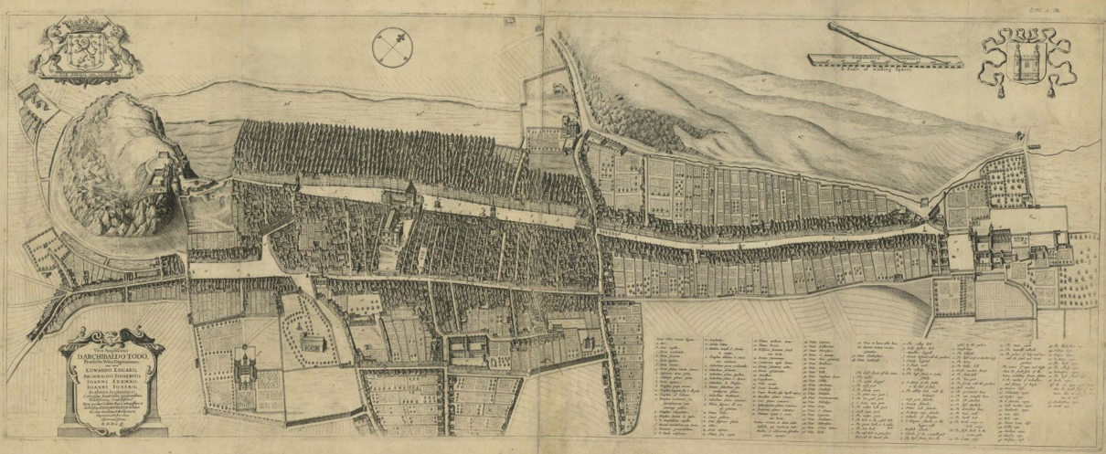 Sepia map of Edinburgh from the 1600s showing the streets lined with little house illustrations. You can see the castle on top of the hill with all the streets leading down and away from it.