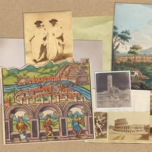 A craft paper scrapbook page is layered with cut-out illustrations of Italy from different time periods.  The illustrations include: two Friars in white robes; a calm painting of an active volcano; a colourful early wood cut; a calotype and more photographs of famous Italian landmarks like the Colosseum.