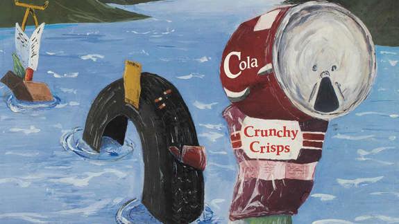 The Loch Ness monster snaking out of the loch covered in Cola cans, crisp packets and other pieces of rubbish.