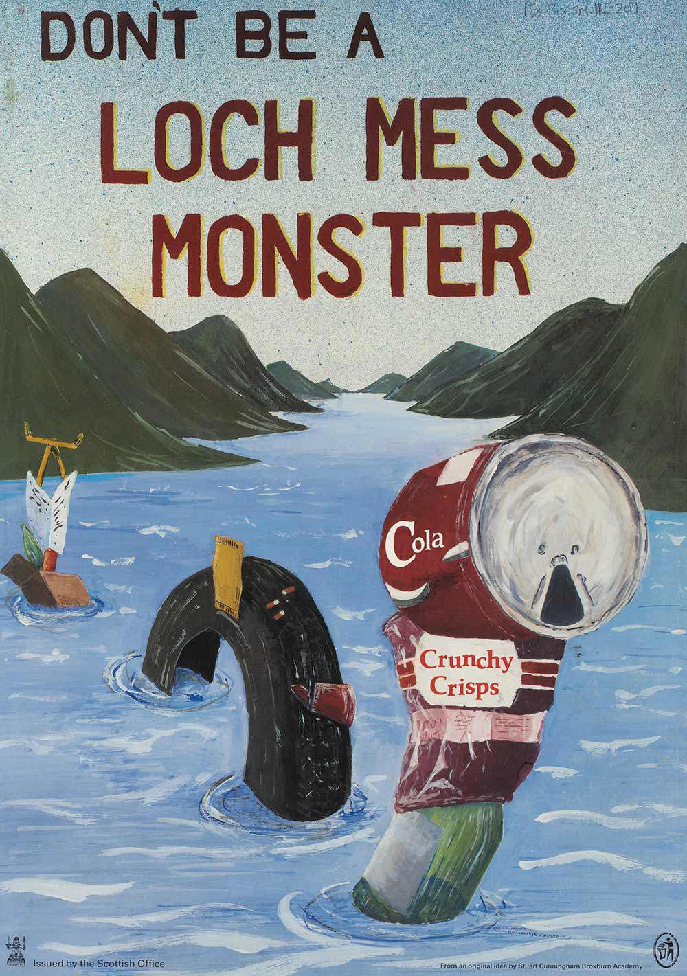 The Loch Ness monster snaking out of the loch covered in Cola cans, crisp packets and other pieces of rubbish.