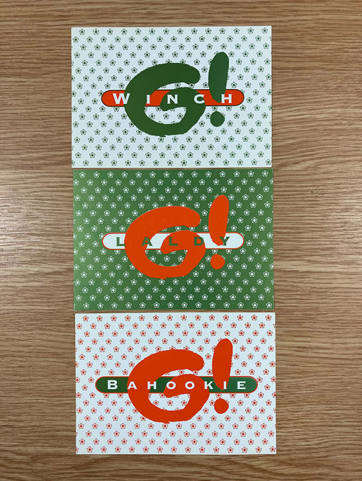 Three Glasgay! postcards sitting on a table in a row. The first says "Winch", the second "Laldy", and the third "Bahookie".