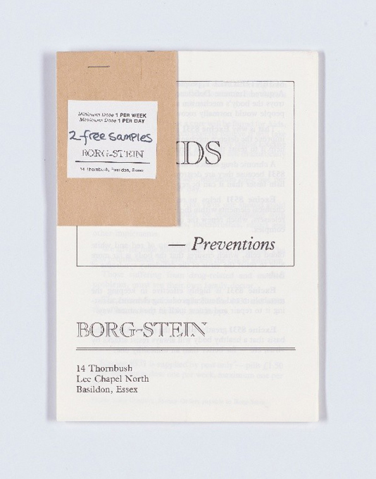 Pamphlet titled 'BORG-STEIN Preventions' with a brown card attached at the top. The card reads: 'JANUARY 2024 1 PER WEEK, February 2024 1 PER DAY, 2 Free Samples BORG-STEIN' and includes an address: '14 Thornbush Lec Chapel North Basildon, Essex.'