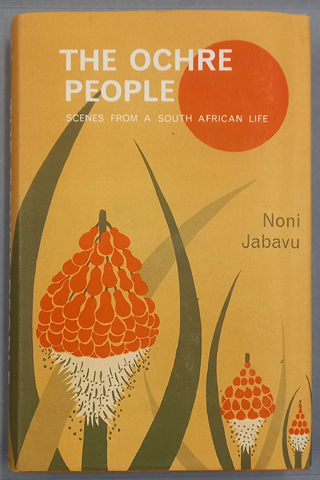 Book cover for 'The Ochre People'. It has warm colours with an orange sun in the corner and plants growing up from the bottom.