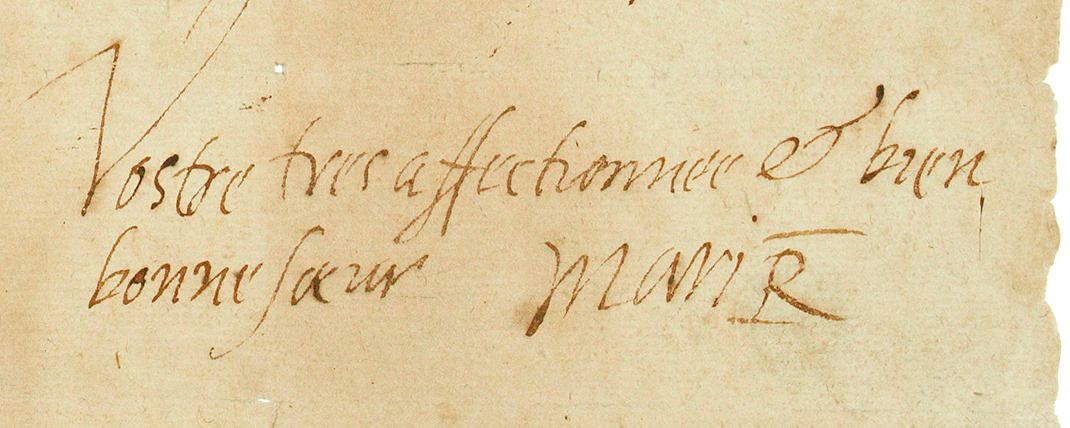 Close-up of Mary's handwriting at the end of the letter, in French.