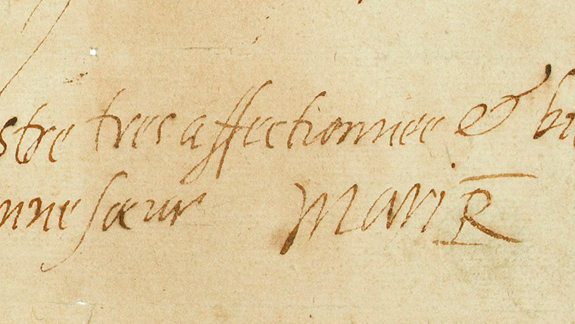 Close-up of Mary's handwriting at the end of the letter, in French.