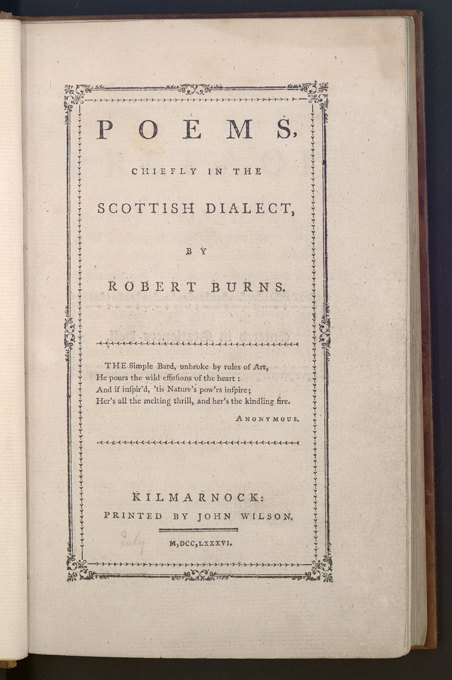 Title page of the 1786 edition of "Poems, Chiefly in the Scottish Dialect" by Robert Burns. The page features a decorative border, a poetic quote by an anonymous author, and publication details indicating it was printed in Kilmarnock by John Wilson.