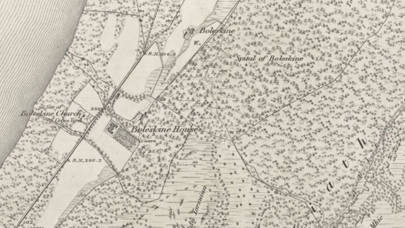 Old sepia map showing lots of trees with the property "Boleskine House" on it.