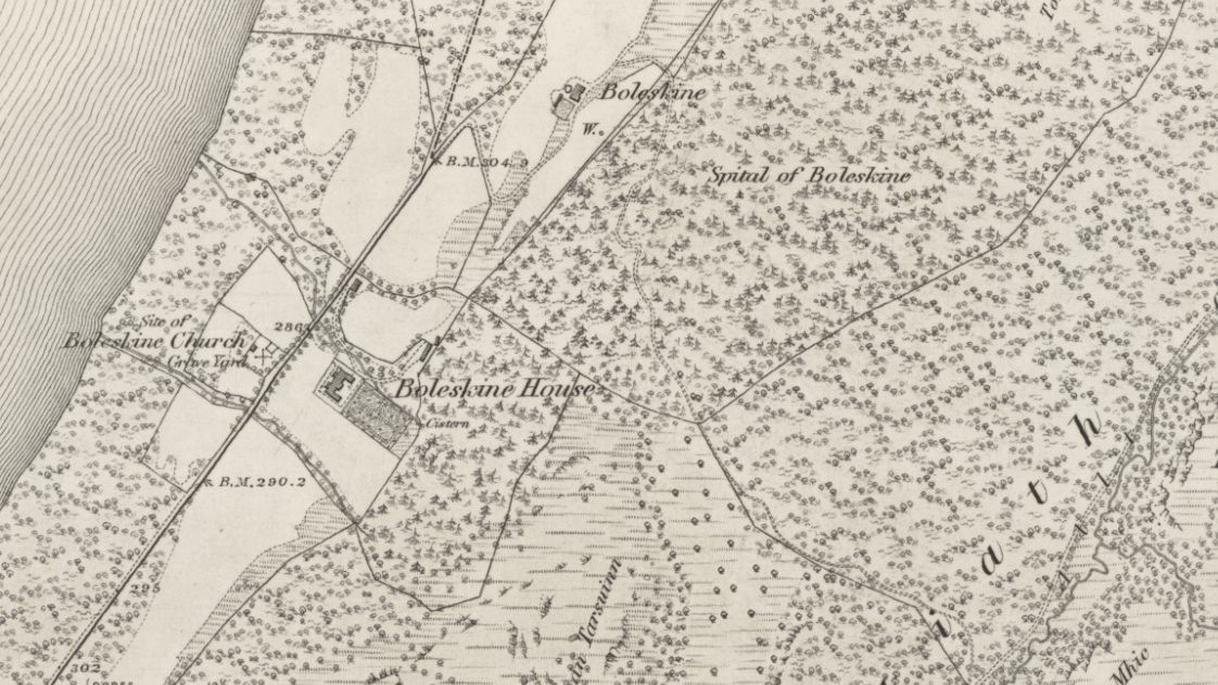 Old sepia map showing lots of trees with the property "Boleskine House" on it.