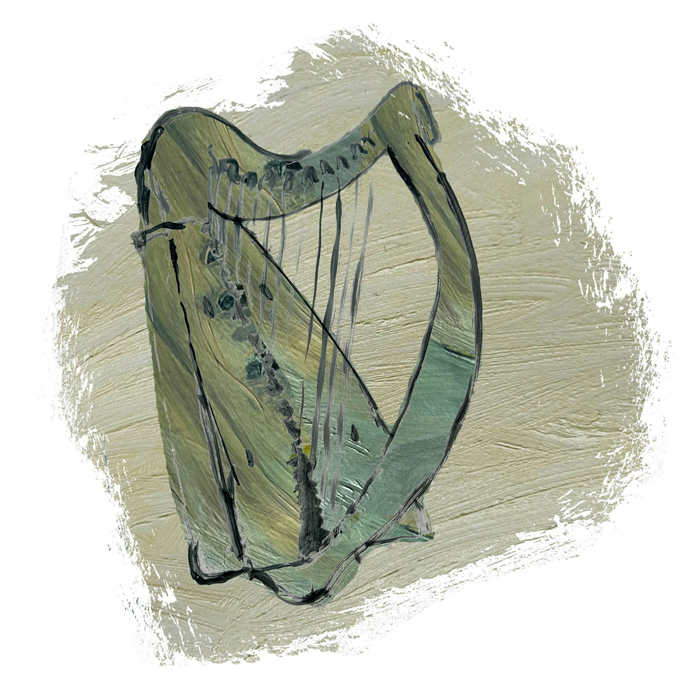 A painting of an old harp.