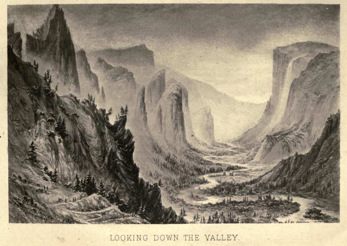 An illustration of a large mountain range with a valley below