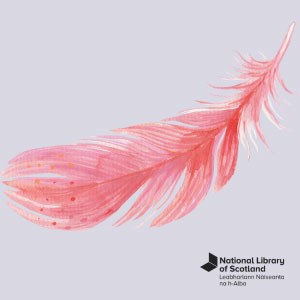 A pink feather on a grey background with the National Library of Scotland logo in the bottom right.