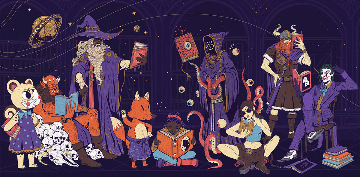 Illustrated lineup of videogame characters reading books.