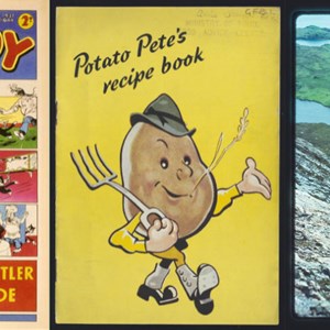 Images from items on display in the National Library of Scotland's 'Treasures' exhibition. From left to right: the bright yellow cover of Potato Pete's Recipe Book; a photograph of Tom Weir wearing his bonnet on a mountainside; and the front cover of the 1917 edition of the Dandy comic.