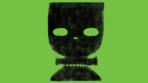 Black illustration of a simplified Frankestein's monster against a green background.