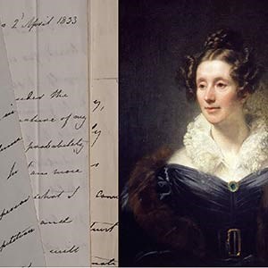 Manuscript next to a portrait of a woman