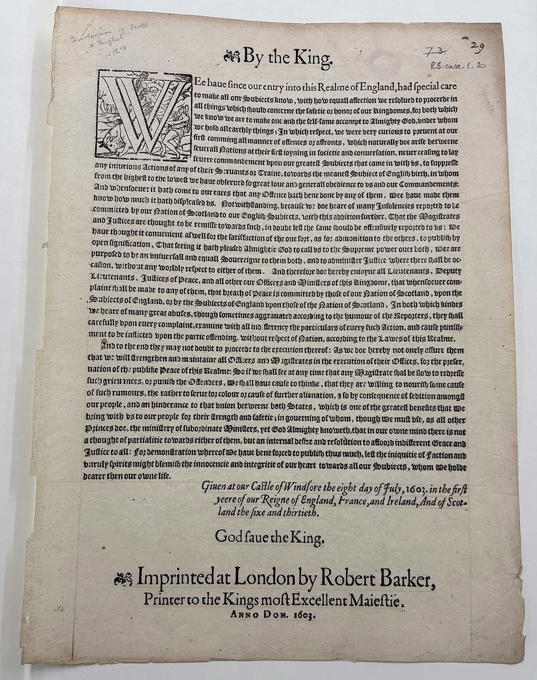 An early 17th-century royal proclamation titled "By the King," printed in blackletter type. The document outlines the King's intentions to reward loyal subjects with continued or elevated positions of authority.