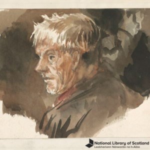 A watercolour portrait of an old man looking to the left-hand side. There is a black National Library of Scotland logo in the bottom right.