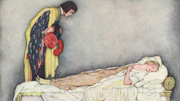 Illustration of a woman asleep with a man leaning over her.