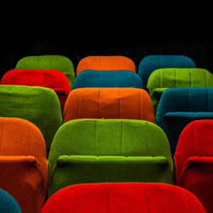 Three rows of multicoloured chairs