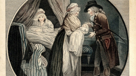 An old drawing of a woman in bed and another women holding a baby and a man standing next to her looking at the baby.