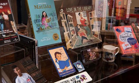 A collection of library books on display